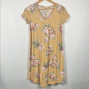Reb‎ & J Floral Midi Dress Women’s Small Short Sleeve Peach Color Stretchy Flowy